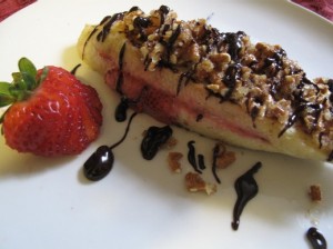 Strawberry-Stuffed French Toast with Crunchy-Pretzel Topping and Chocolate-Bailey's Sauce